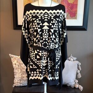 CIEL Black & Ivory Geometric Belted Poncho Mini Dress Size Small